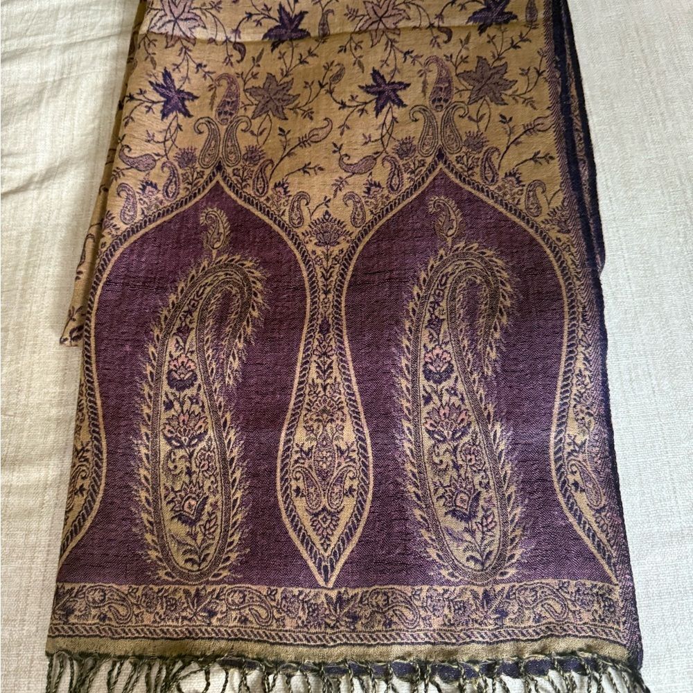 Challis Oversized Wrap in Brown & Purple with Hand Knotted Fringe.